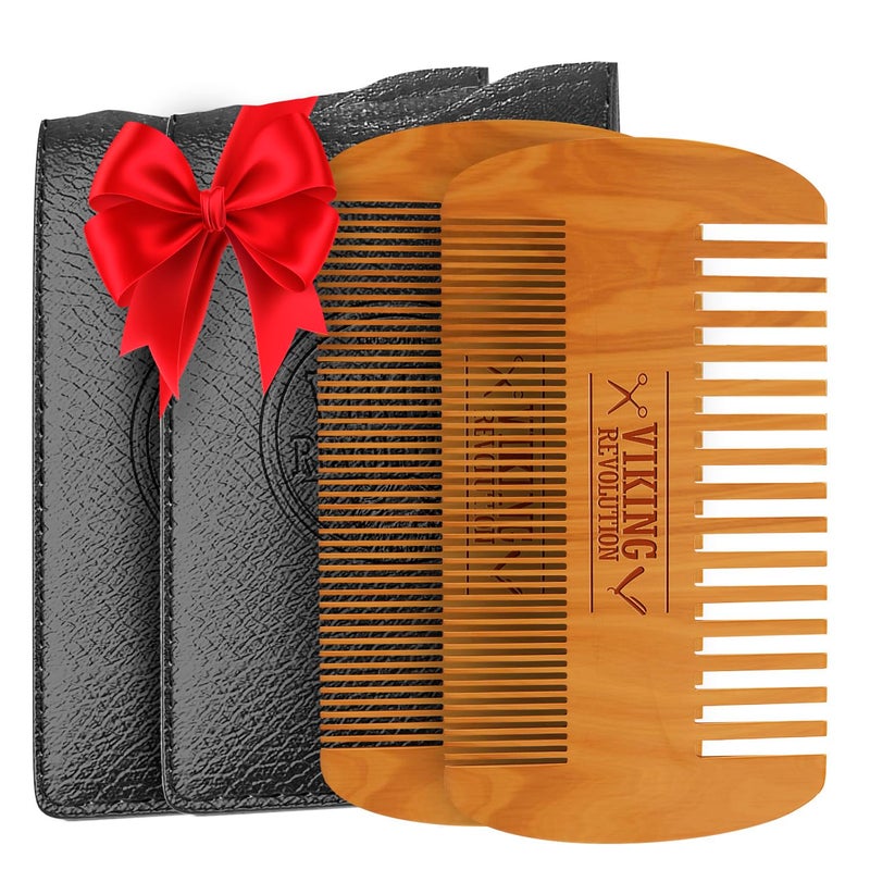 Viking Revolution Wooden Beard Comb & Case, Dual Action Fine & Coarse Teeth, Perfect for use with Balms and Oils, Top Pocket Comb for Beards & Mustaches (2 Pack) - Image 1