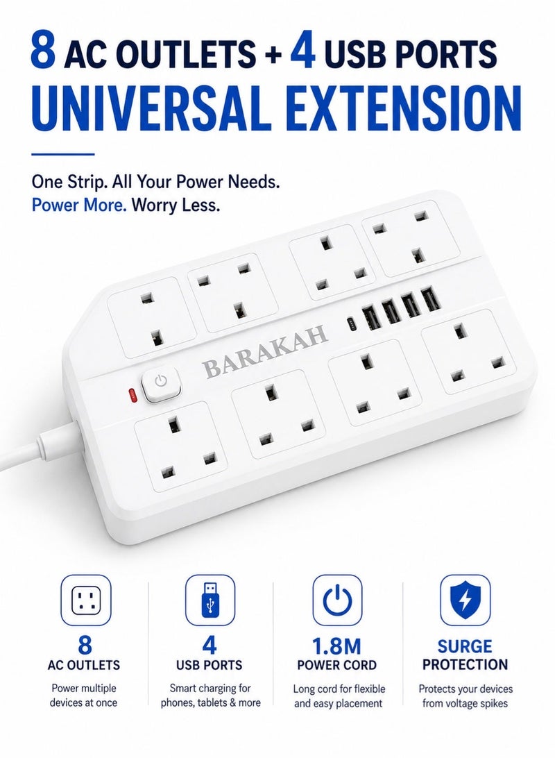 Barakah Universal Extension Socket With 8 AC Outlets | 4 USB Ports Power Strip | Surge Protection Extension Board With 1.8M Cord And One Touch Switch For Home Office Gaming Study - Image 1