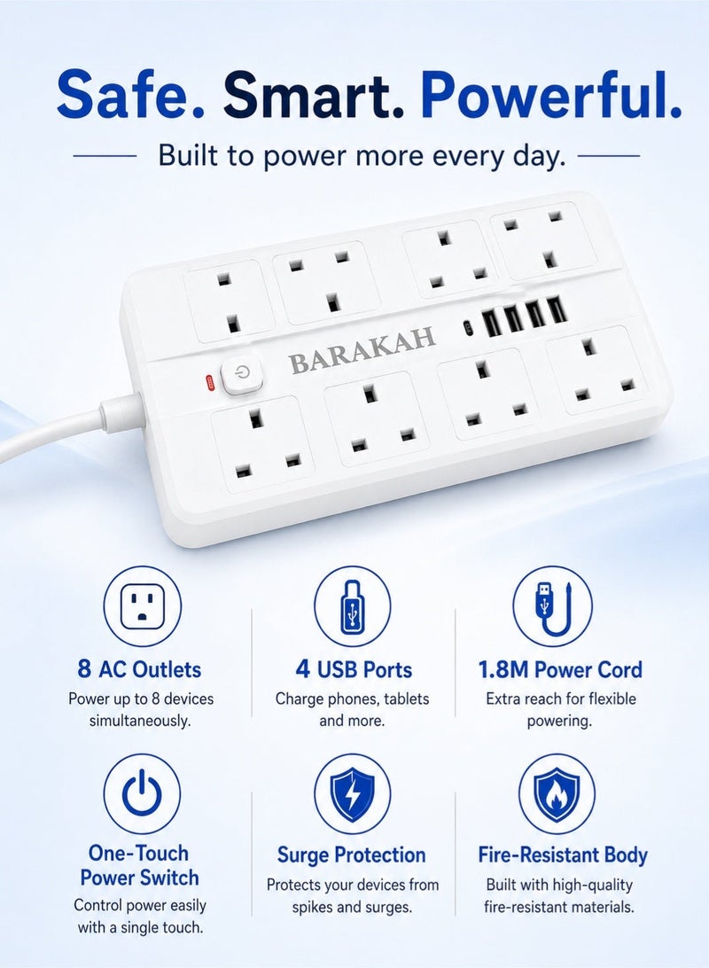 Barakah Universal Extension Socket With 8 AC Outlets | 4 USB Ports Power Strip | Surge Protection Extension Board With 1.8M Cord And One Touch Switch For Home Office Gaming Study - Image 2