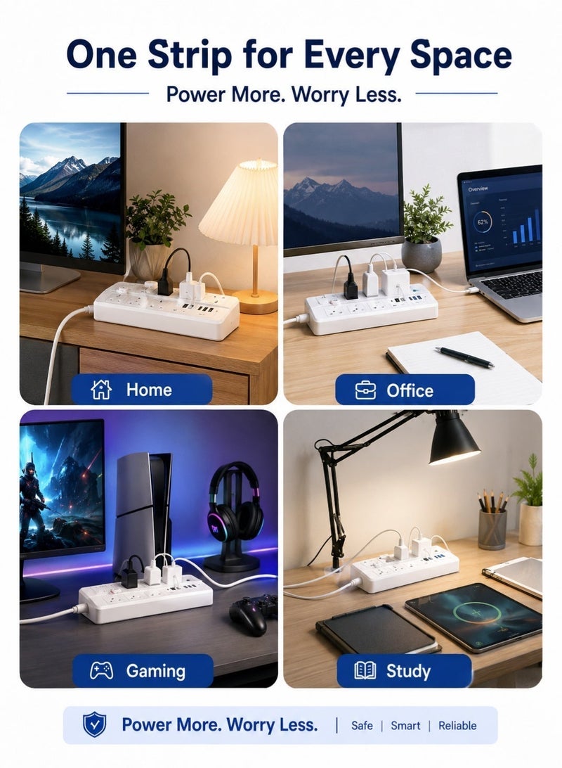 Barakah Universal Extension Socket With 8 AC Outlets | 4 USB Ports Power Strip | Surge Protection Extension Board With 1.8M Cord And One Touch Switch For Home Office Gaming Study - Image 4