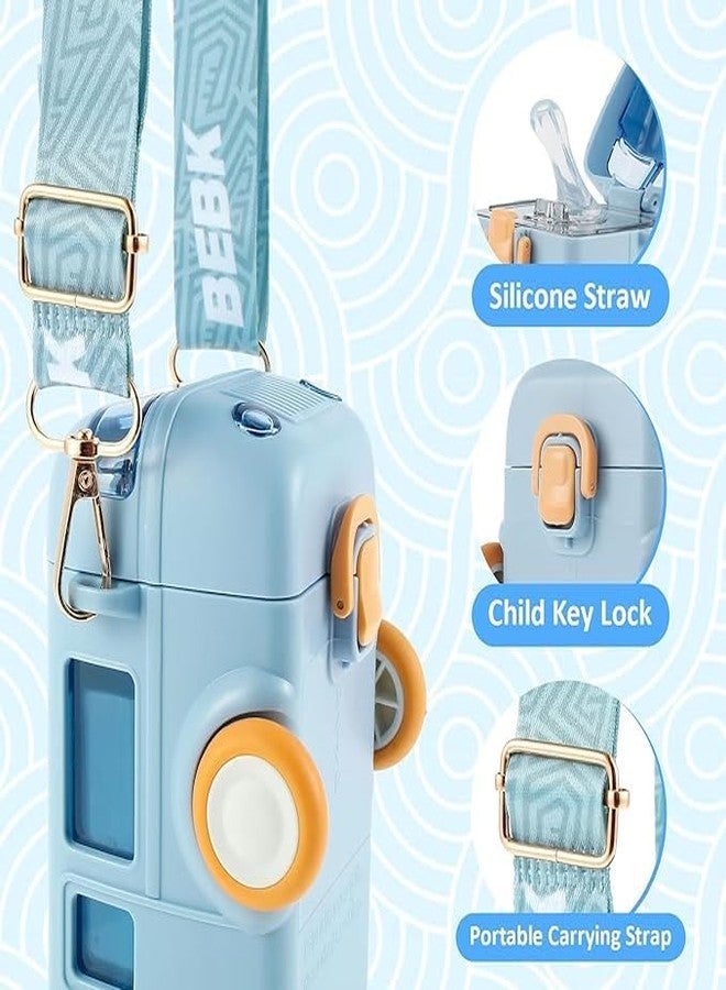 HRDR 500ml Kids Water Bottles with Straw and Shoulder Strap,Removable Bus Shape Water Bottle,Leakproof Portable Kids Cartoon Water Bottle with Stickers Cleaning Brush for Boys Girls School - Image 2