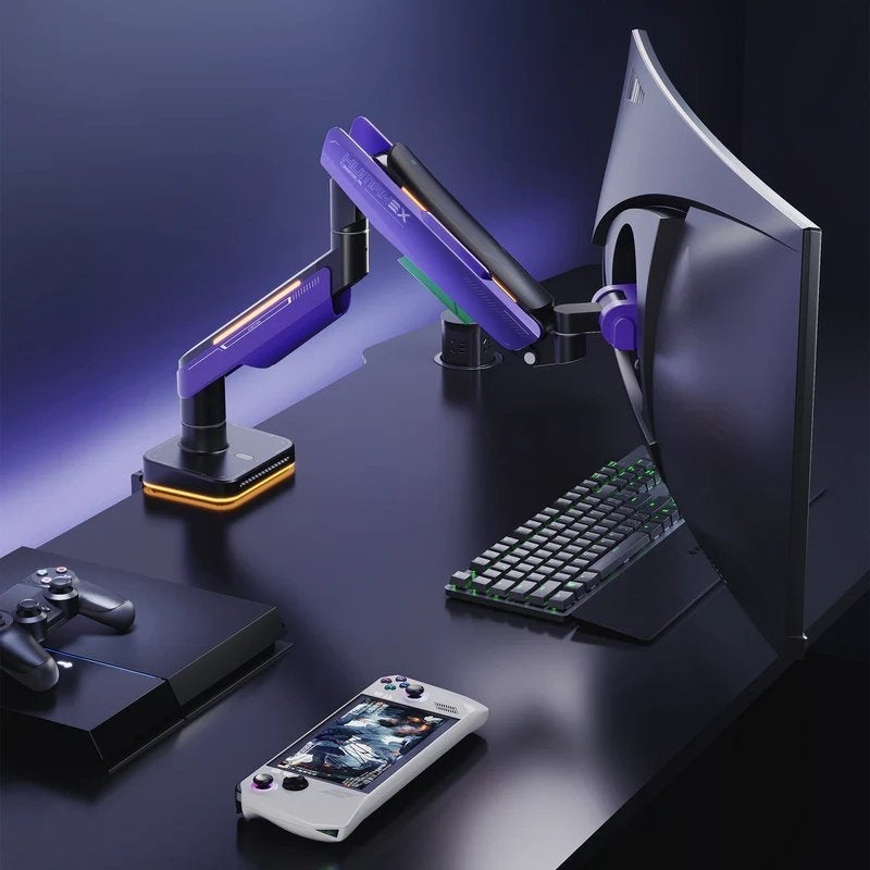 Humanex Gaming Monitor Arm, Heavy Duty Single Monitor Desk Mount for 17–49″ Large & Ultrawide Screens, Supports up to 20 kg, Full-Motion Tilt, Swivel & 360° Rotation, 20-Mode RGB Lighting, VESA 75×75 / 100×100, Built-In Cable Management, C-Clamp & Grommet – Humanex Premium Professional, Model T18-1X, Matte Black & Dark Purple - Image 4