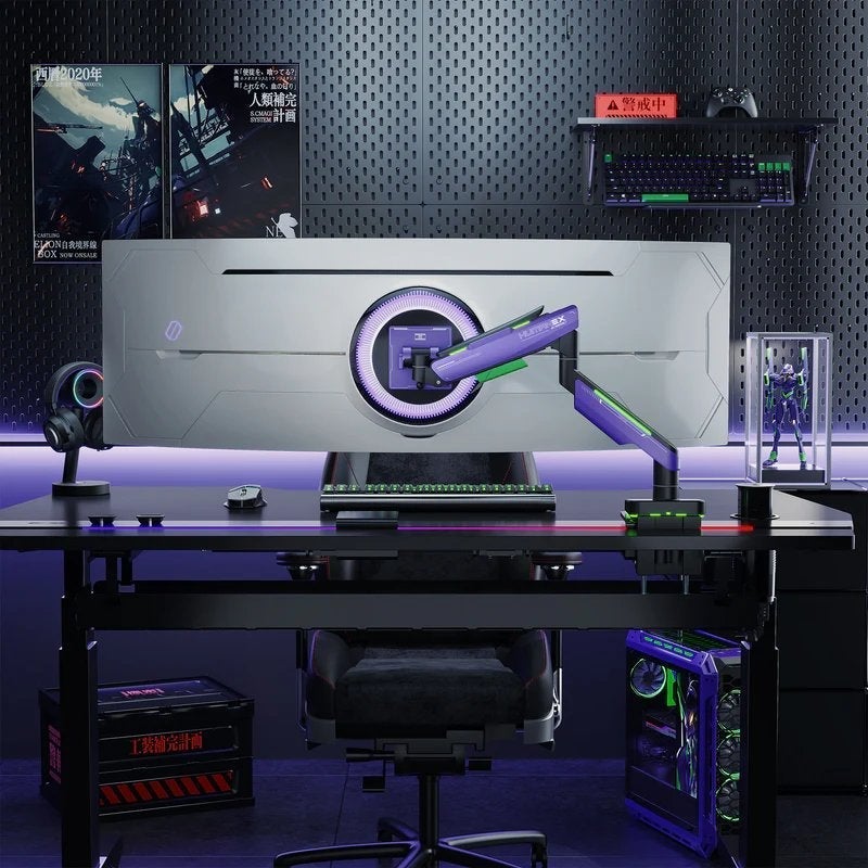 Humanex Gaming Monitor Arm, Heavy Duty Single Monitor Desk Mount for 17–49″ Large & Ultrawide Screens, Supports up to 20 kg, Full-Motion Tilt, Swivel & 360° Rotation, 20-Mode RGB Lighting, VESA 75×75 / 100×100, Built-In Cable Management, C-Clamp & Grommet – Humanex Premium Professional, Model T18-1X, Matte Black & Dark Purple - Image 2