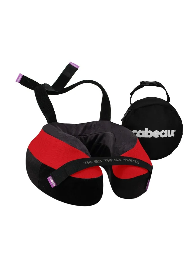 Cabeau The Neck's Evolution S3 Memory Foam Pillow | Chin & Neck Support, Keeps Mouth Closed, No Head Tilt, Comfiest, AirFlow Design & Seat Strap System, for Travel & Home, Washable Cover - Red/Black