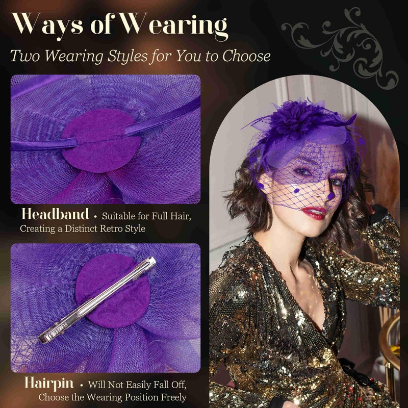 Masedy Fascinators Hats for Women Tea Party Hat Feather Mesh Headband Vintage Hat Lace Headwear Veil Hair Clip Church Purple - Image 3
