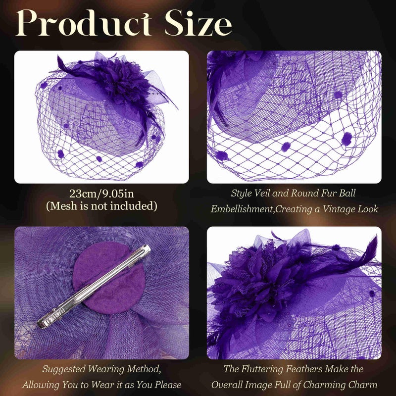 Masedy Fascinators Hats for Women Tea Party Hat Feather Mesh Headband Vintage Hat Lace Headwear Veil Hair Clip Church Purple - Image 2