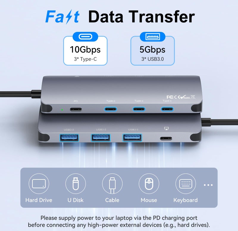 Rytaki Pro USB C Hub 10Gbps, USB C Splitter with 4K@60Hz Video Output, 100W PD Charging, Data Transfer, USB4 Multiport Dongle Adapter Extender for MacBook Pro/Air, iPad Pro, Dell, HP and More Type C Devices - Image 4