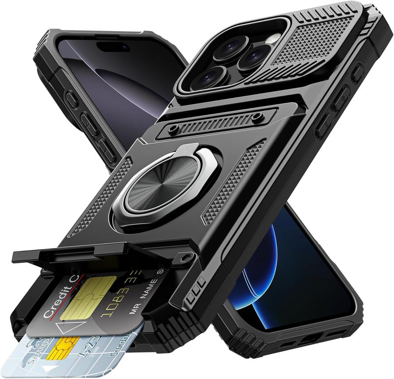 NALACAL حافظة محفظة لجهاز iPhone 16 Pro Max، مع حامل بطاقات [تخزين بطاقتين] حلقة دوارة 360 درجة كحامل قابل للطي، حماية قوية من السقوط، حافظة محفظة للهاتف لجهاز iPhone 16 Pro Max، للرجال والنساء، مقاس 6.9 بوصة، أسود - Image 1