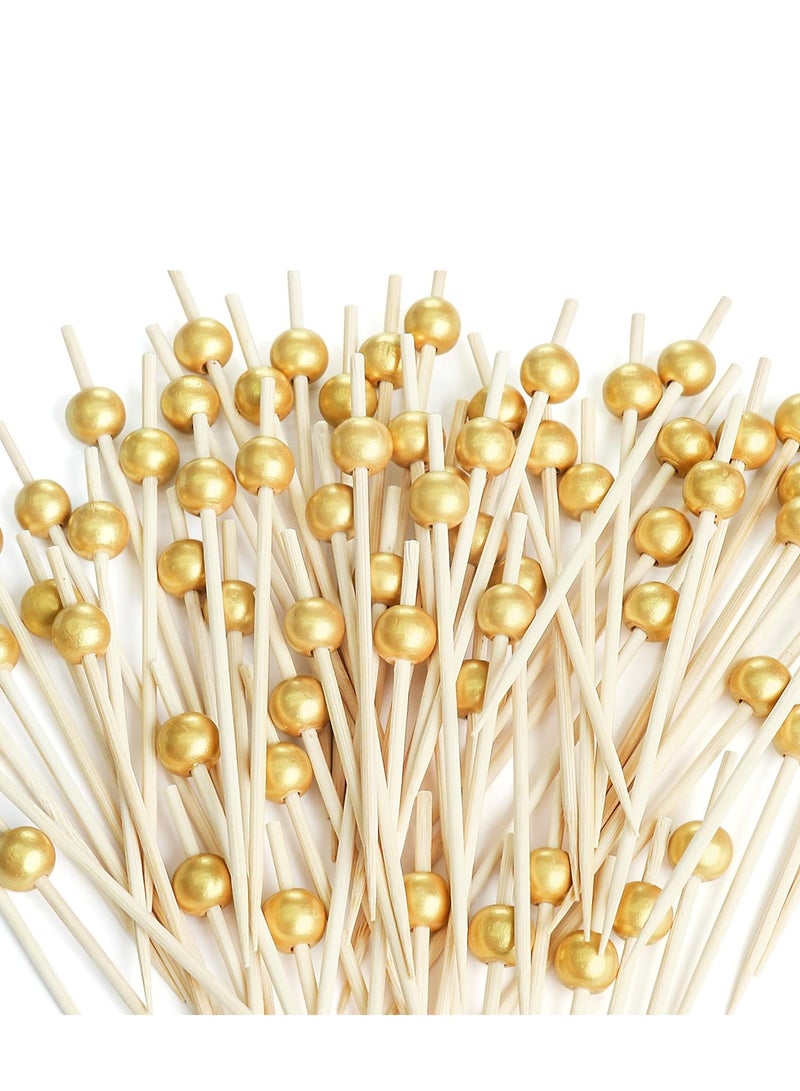 200 Pieces Fruit Picks, Fancy Toothpicks for Appetizers, Decorative Skewers for Appetizers Drinks Party Fruits, 4.7 Inch Long Wooden Bamboo Golden Ball Food Sticks, Charcuterie Board Accessories  - Image 1