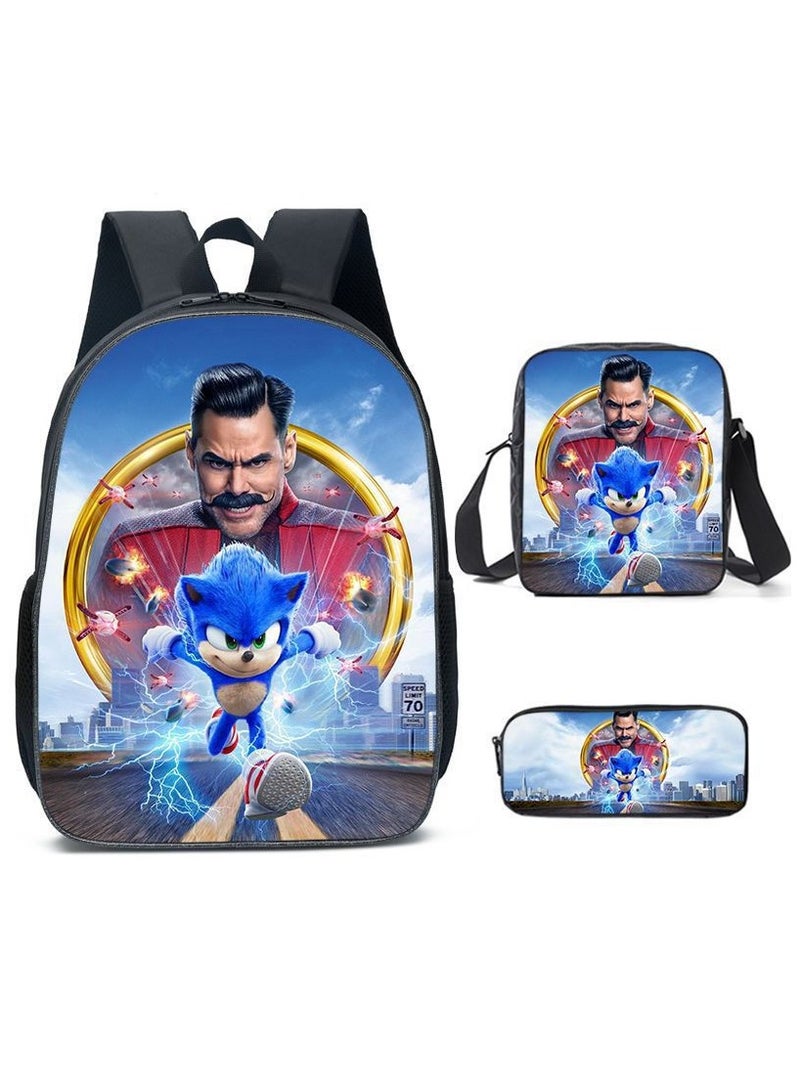 Sonic Primary School Backpack Cartoon Anime Backpack Messenger Bag Pencil Case Three-Piece Set 29*16*42cm