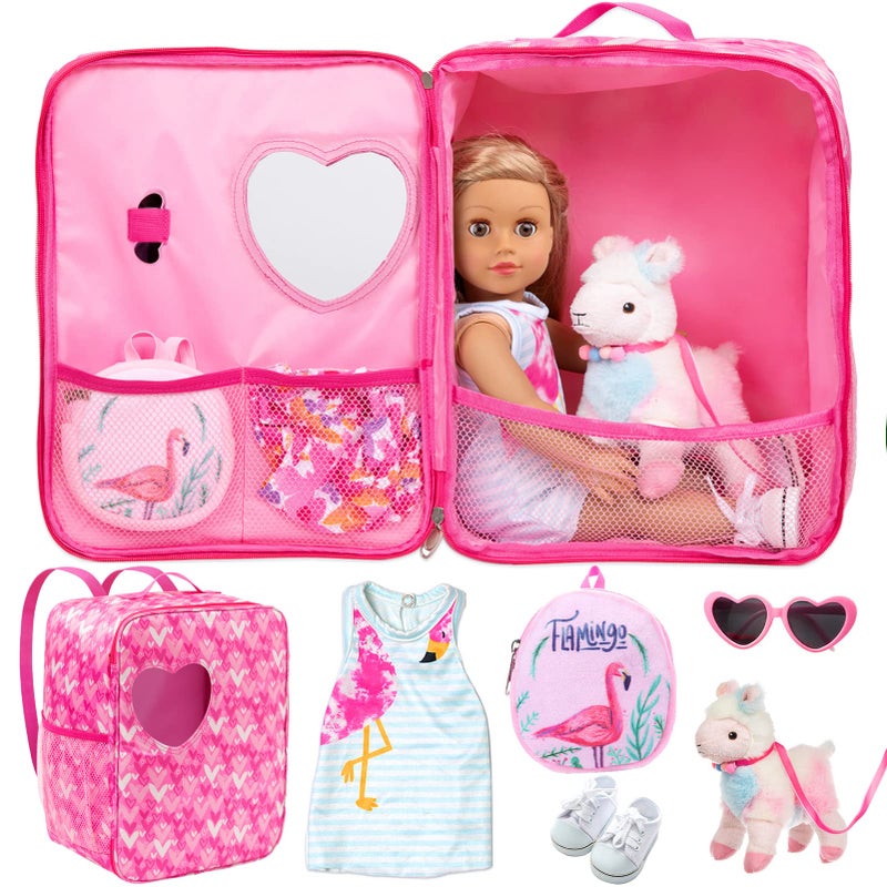 Ecore Fun 18 Inch Girl Doll Carrier Bag with Clothes and Accessories, Including Dress, White Cloth Shoes, Doll Backpack, Sunglasses, Toy Lamb - Image 1