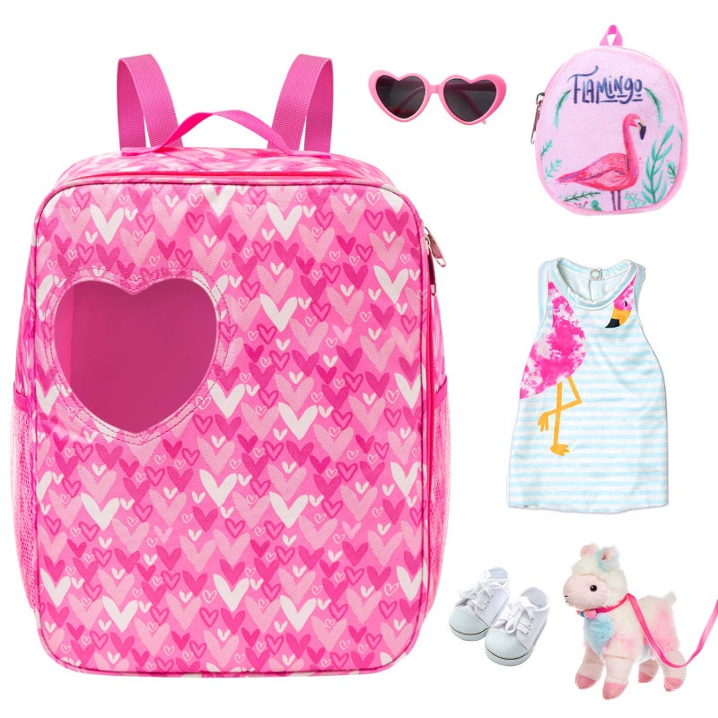 Ecore Fun 18 Inch Girl Doll Carrier Bag with Clothes and Accessories, Including Dress, White Cloth Shoes, Doll Backpack, Sunglasses, Toy Lamb - Image 2