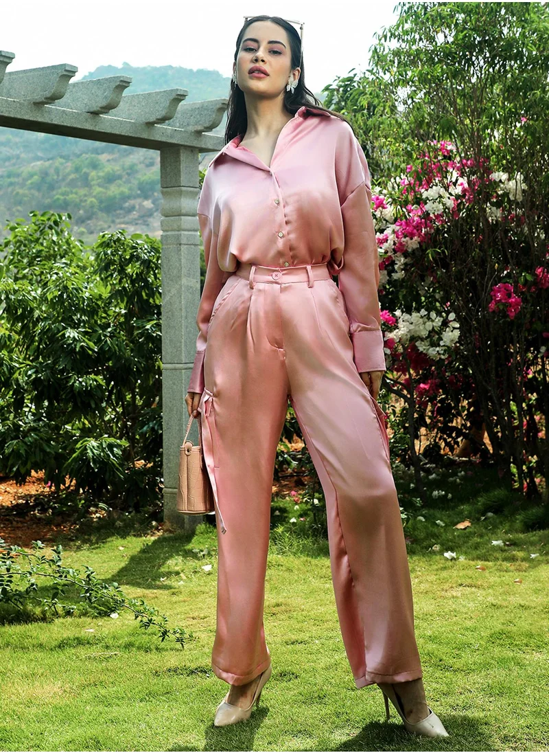 PINACOLADA Women's Blush Pink Boxy Satin Cargo Pants
