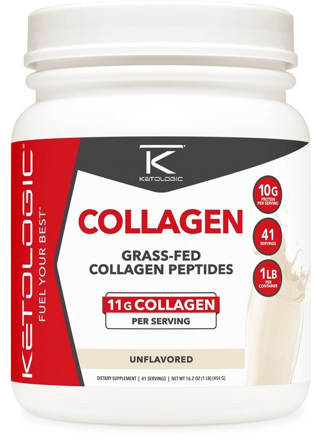 Ketologic Grass Fed Collagen Hydrolysate Powder (Unflavored) (1 LB) - 41 Servings, 11 G Collagen Per Serving, 10 G Protein Per Serving - Grass-fed Collagen Peptides - Image 1