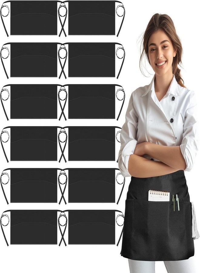 uniformer Server Aprons With 3 Pockets - Waist Apron, Waitress Apron For Women And Man, Water Resistant With Long Waist Strap Reinforced Seams, Half Apron (12 Pack of Black) - Image 1