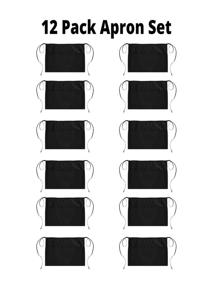 uniformer Server Aprons With 3 Pockets - Waist Apron, Waitress Apron For Women And Man, Water Resistant With Long Waist Strap Reinforced Seams, Half Apron (12 Pack of Black) - Image 2
