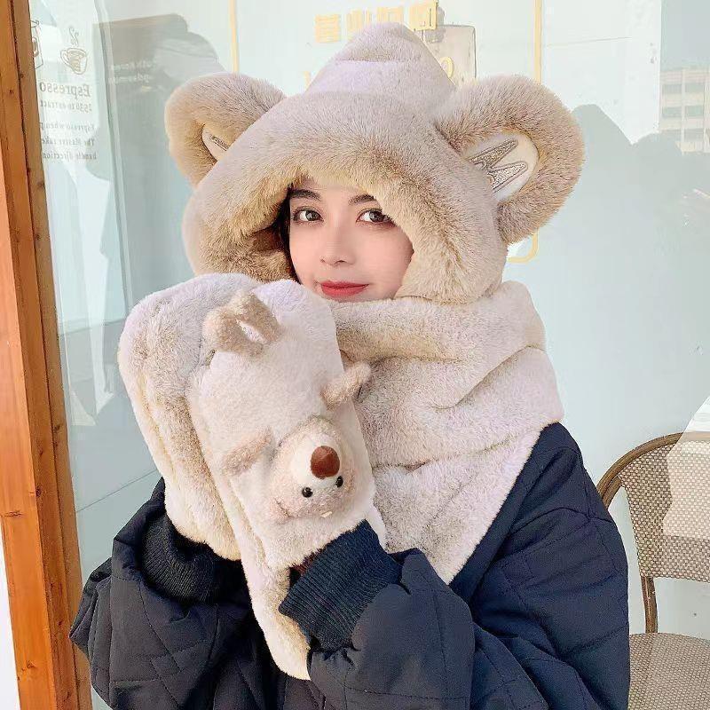 Bear hat womens autumn and winter scarf gloves hat three-piece plush hat for women Creamy-white [adult thickened version with bear]] 