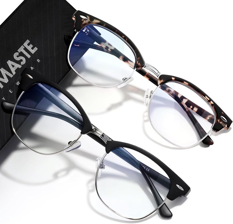 AOMASTE Store Blue Light Blocking Glasses Vintage Half Frame UV Clear Lens Anti Eyestrain Computer Gaming Glasses for Women Men (E-matte Black Silver+-leopard Silver) - Image 1