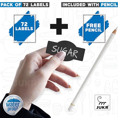 JUKR Self Adhesive (72 PCS) Chalkboard Water and Oil Proof Kitchen Reusable Pantry Stickers for Storage Containers Mason Spice Masala Jars Glass Bottles, Pantry Organizer Name Labels with Pencil - Image 3