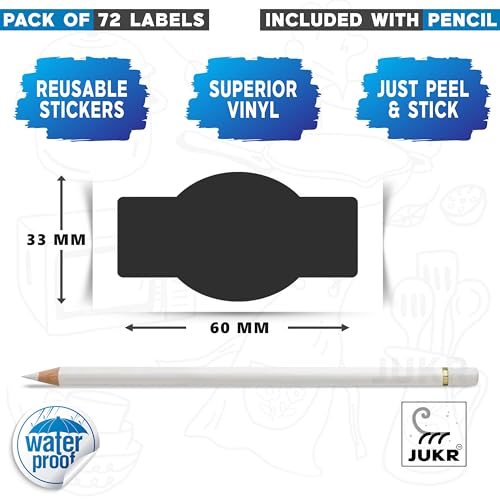 JUKR Self Adhesive (72 PCS) Chalkboard Water and Oil Proof Kitchen Reusable Pantry Stickers for Storage Containers Mason Spice Masala Jars Glass Bottles, Pantry Organizer Name Labels with Pencil - Image 4