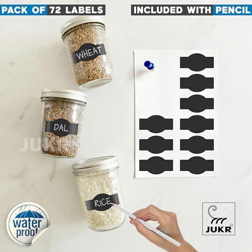 JUKR Self Adhesive (72 PCS) Chalkboard Water and Oil Proof Kitchen Reusable Pantry Stickers for Storage Containers Mason Spice Masala Jars Glass Bottles, Pantry Organizer Name Labels with Pencil - Image 5