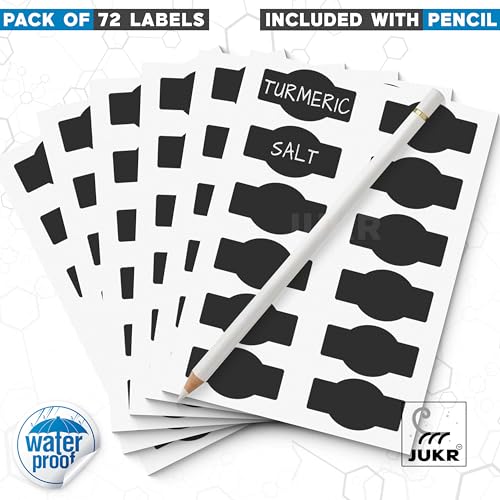 JUKR Self Adhesive (72 PCS) Chalkboard Water and Oil Proof Kitchen Reusable Pantry Stickers for Storage Containers Mason Spice Masala Jars Glass Bottles, Pantry Organizer Name Labels with Pencil - Image 2