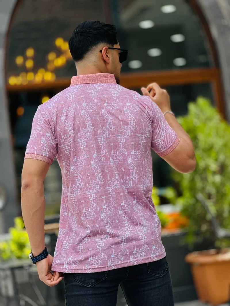 Miron Tile Print Detailed Polo Neck Short Sleeve T-Shirt - 2413