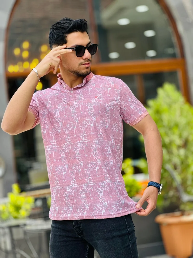 Miron Tile Print Detailed Polo Neck Short Sleeve T-Shirt - 2413