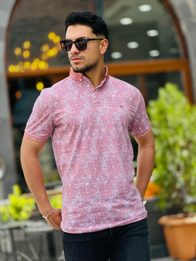 Miron Tile Print Detailed Polo Neck Short Sleeve T-Shirt - 2413