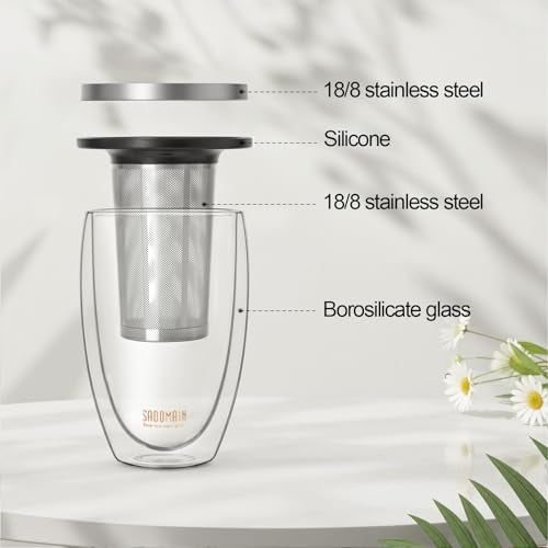 SADOMAIN Glass Tea Cup with Infuser and Lid, Tea Infuser Mug in 12 OZ/350ML, Heat-Proof Double Wall Glass Tea Cup, 100% Plastic-Free Tea Mug with Lid and Strainer, Keeps Drinks Hot/Cold Longer Time - Image 3
