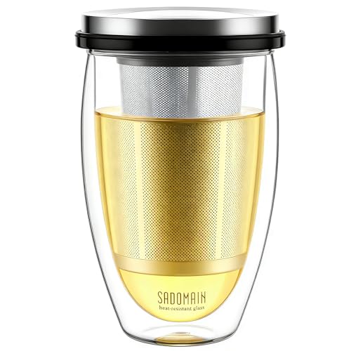 SADOMAIN Glass Tea Cup with Infuser and Lid, Tea Infuser Mug in 12 OZ/350ML, Heat-Proof Double Wall Glass Tea Cup, 100% Plastic-Free Tea Mug with Lid and Strainer, Keeps Drinks Hot/Cold Longer Time - Image 1
