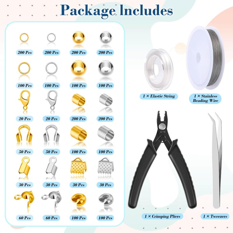 Thrilez 2384Pcs Crimp Beads Supplies for Jewelry Making, Including Crimp Bead Covers, Crimp Tubes, Bracelet Clasps and Closures, Crimp Ends, Jump Rings, Crimping Pliers and Beading Wire for Bracelets Making - Image 2