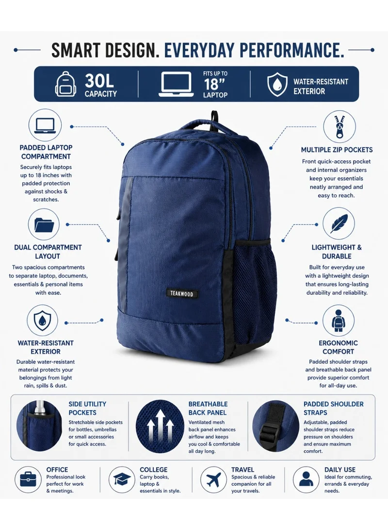 تيك وود Teakwood 30L Business Laptop Backpack for Men & Women | Fits up to 18” Laptop | Premium Navy Office & Travel Backpack | Water-Resistant | Smart Organization | Multi-Compartment | Lightweight Durable Design