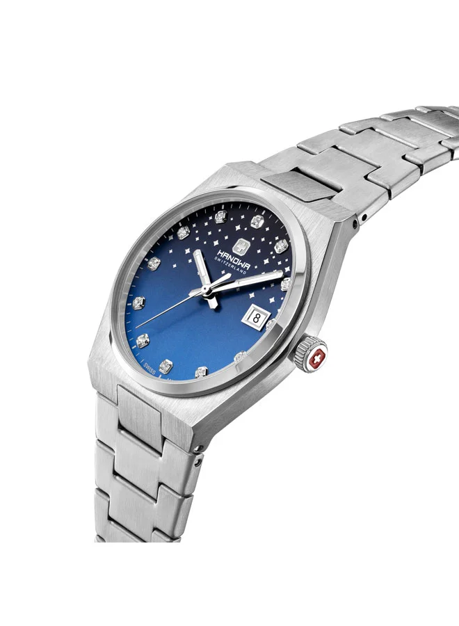 هانوا ساعة نسائية أنالوج بسوار فضي من الستانلس ستيل وميناء أزرق من لانسى  مم