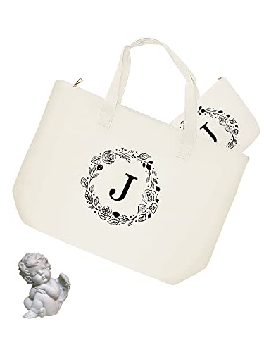 Binggemen Personalized Initial Canvas Tote Bag with Zipper, Present Bag with Inner Pocket & Make Up Bag, Great Gifts for Women, Mom, Teachers, Friends, Bridesmaids - Image 4