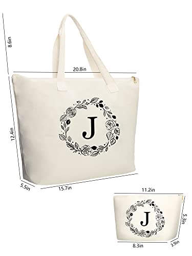 Binggemen Personalized Initial Canvas Tote Bag with Zipper, Present Bag with Inner Pocket & Make Up Bag, Great Gifts for Women, Mom, Teachers, Friends, Bridesmaids - Image 3