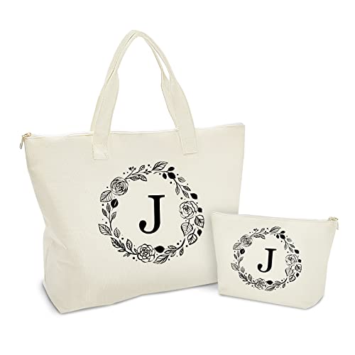 Binggemen Personalized Initial Canvas Tote Bag with Zipper, Present Bag with Inner Pocket & Make Up Bag, Great Gifts for Women, Mom, Teachers, Friends, Bridesmaids - Image 1