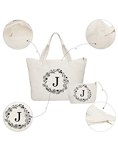 Binggemen Personalized Initial Canvas Tote Bag with Zipper, Present Bag with Inner Pocket & Make Up Bag, Great Gifts for Women, Mom, Teachers, Friends, Bridesmaids - Image 2