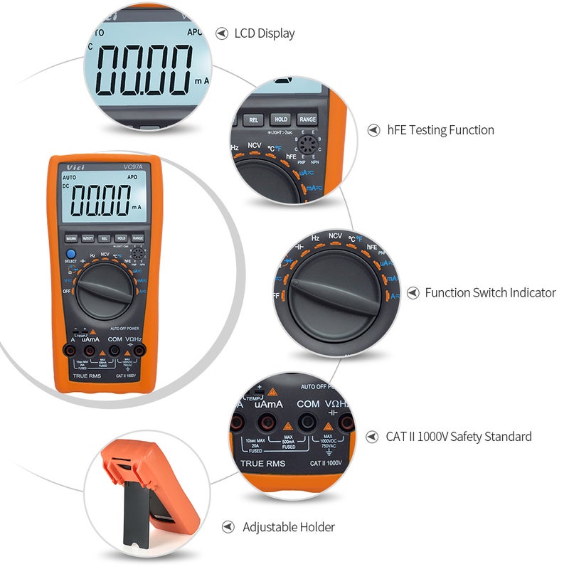 Vici Multi-functional LCD Digital Multimeter Auto Range DMM with Temperature Detector DC AC Voltage Current Meter Capacitance Resistance Diode Tester - Image 3