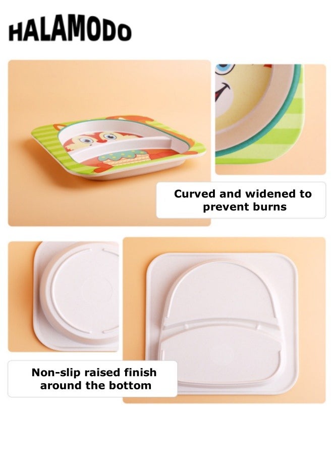 HALAMODO - 5pcs Kid's Dinnerware Set with Food Plate & Bowl & Cup & Spoon & Fork Cartoon Tableware Cutlery Bamboo Plates and Bowl Sets for Baby Toddler, Dishwasher Safe - Image 1
