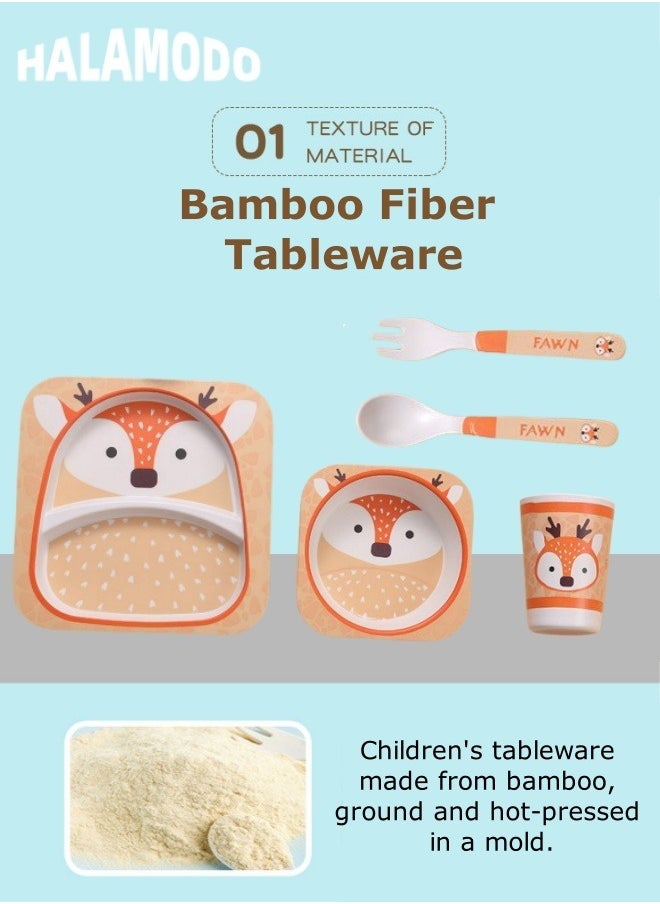 HALAMODO - 5pcs Kid's Dinnerware Set with Food Plate & Bowl & Cup & Spoon & Fork Cartoon Tableware Cutlery Bamboo Plates and Bowl Sets for Baby Toddler, Dishwasher Safe - Image 1