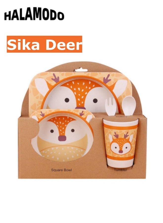 HALAMODO - 5pcs Kid's Dinnerware Set with Food Plate & Bowl & Cup & Spoon & Fork Cartoon Tableware Cutlery Bamboo Plates and Bowl Sets for Baby Toddler, Dishwasher Safe - Image 1