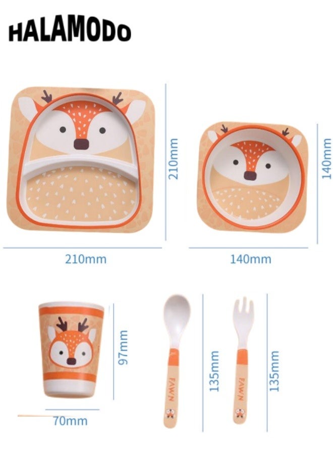 HALAMODO - 5pcs Kid's Dinnerware Set with Food Plate & Bowl & Cup & Spoon & Fork Cartoon Tableware Cutlery Bamboo Plates and Bowl Sets for Baby Toddler, Dishwasher Safe - Image 1