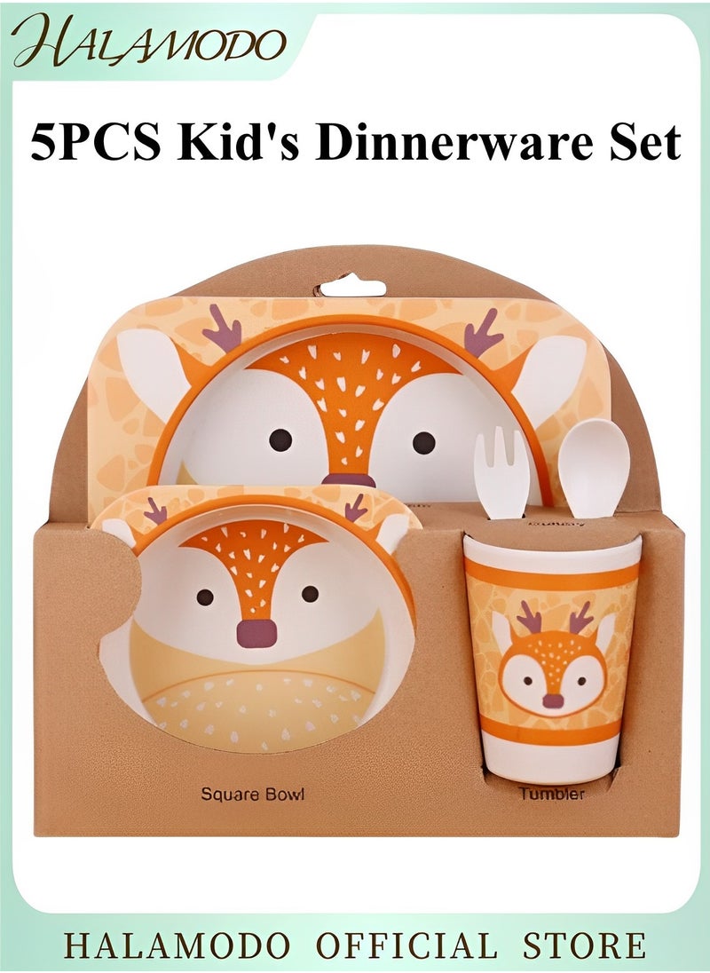 HALAMODO - 5pcs Kid's Dinnerware Set with Food Plate & Bowl & Cup & Spoon & Fork Cartoon Tableware Cutlery Bamboo Plates and Bowl Sets for Baby Toddler, Dishwasher Safe - Image 1