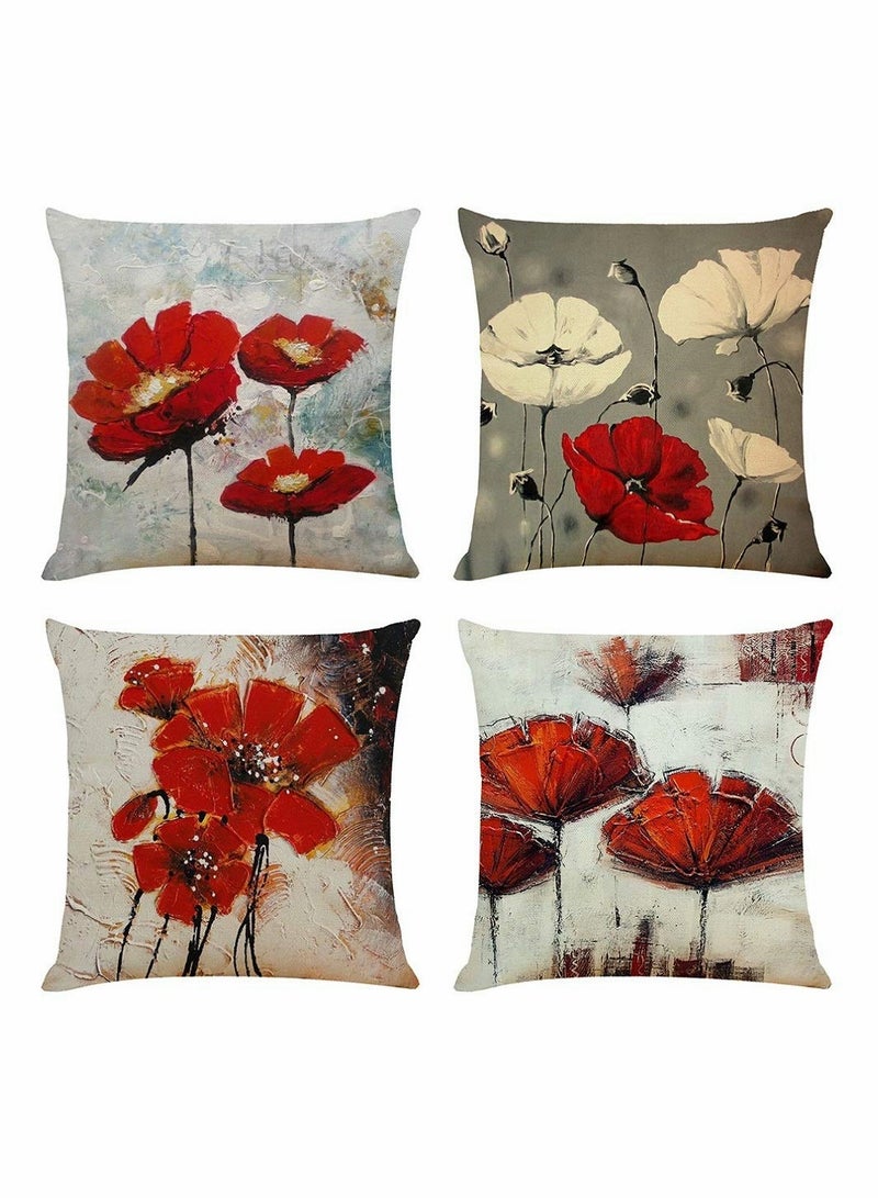Throw Pillow Covers, 4 Pack Red Flower Cushion Covers 18x18 inches Boho Linen Square Throw Pillow Cases for Living Room Sofa Couch Bed Decorative Pillowcases - Image 1