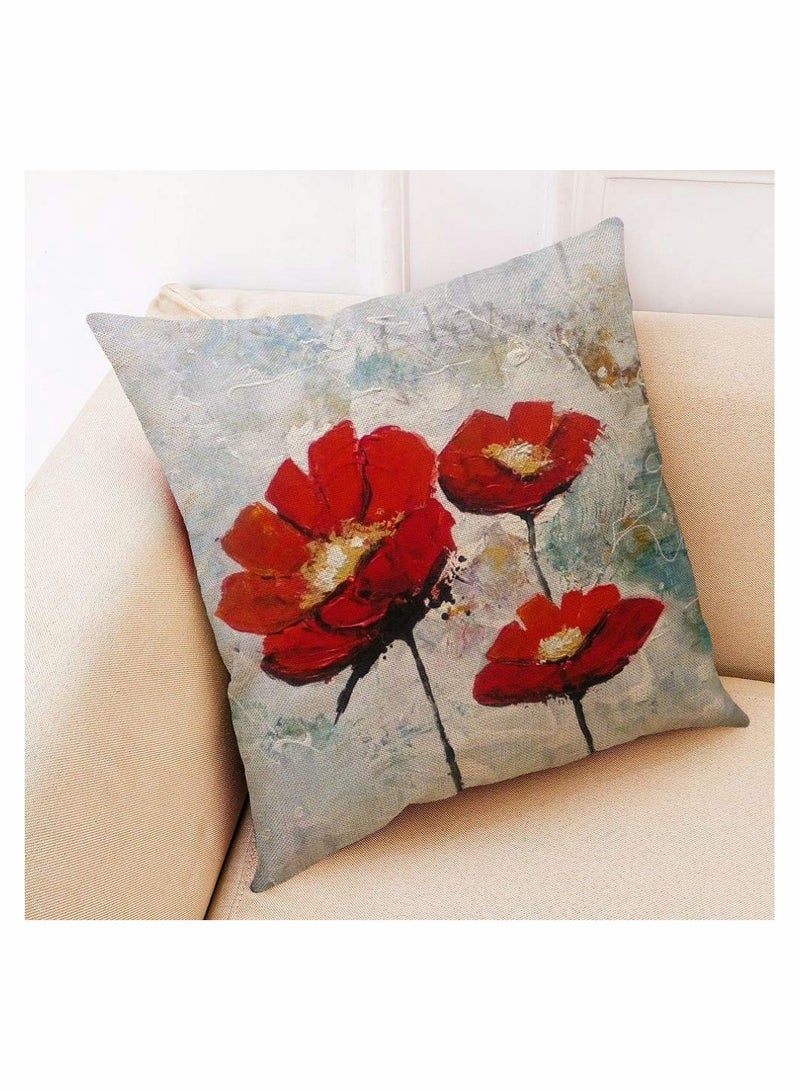 Throw Pillow Covers, 4 Pack Red Flower Cushion Covers 18x18 inches Boho Linen Square Throw Pillow Cases for Living Room Sofa Couch Bed Decorative Pillowcases - Image 3