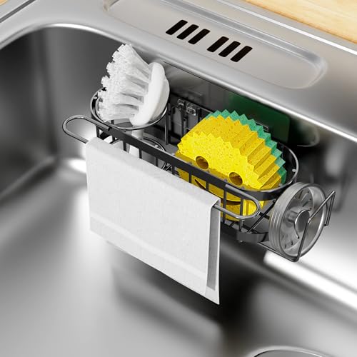 Cisily Kitchen Sink Caddy Sponge Holder in The Sink, Stainless Steel Kitchen Sink Organizer, Brush Holder, Dish Cloth Hanger, Sink Stopper Holder with 2 Installation Ways (Suction & Adhesives - Image 1