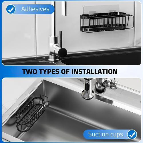 Cisily Kitchen Sink Caddy Sponge Holder in The Sink, Stainless Steel Kitchen Sink Organizer, Brush Holder, Dish Cloth Hanger, Sink Stopper Holder with 2 Installation Ways (Suction & Adhesives - Image 2