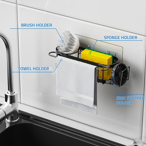 Cisily Kitchen Sink Caddy Sponge Holder in The Sink, Stainless Steel Kitchen Sink Organizer, Brush Holder, Dish Cloth Hanger, Sink Stopper Holder with 2 Installation Ways (Suction & Adhesives - Image 5