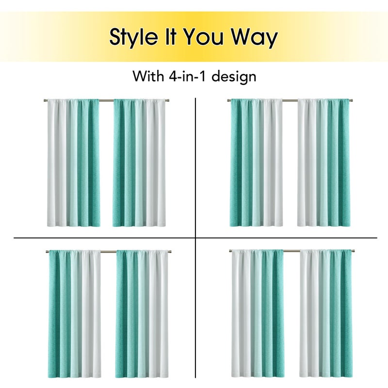 Geomoroccan Ombre 100% Blackout Curtains 96 Inches Long 2 Panels For Bedroom Teal White Gradient Patterned Light Blocking Thermal Insulated Rod Pocket Window Treatment Drapes - Image 5